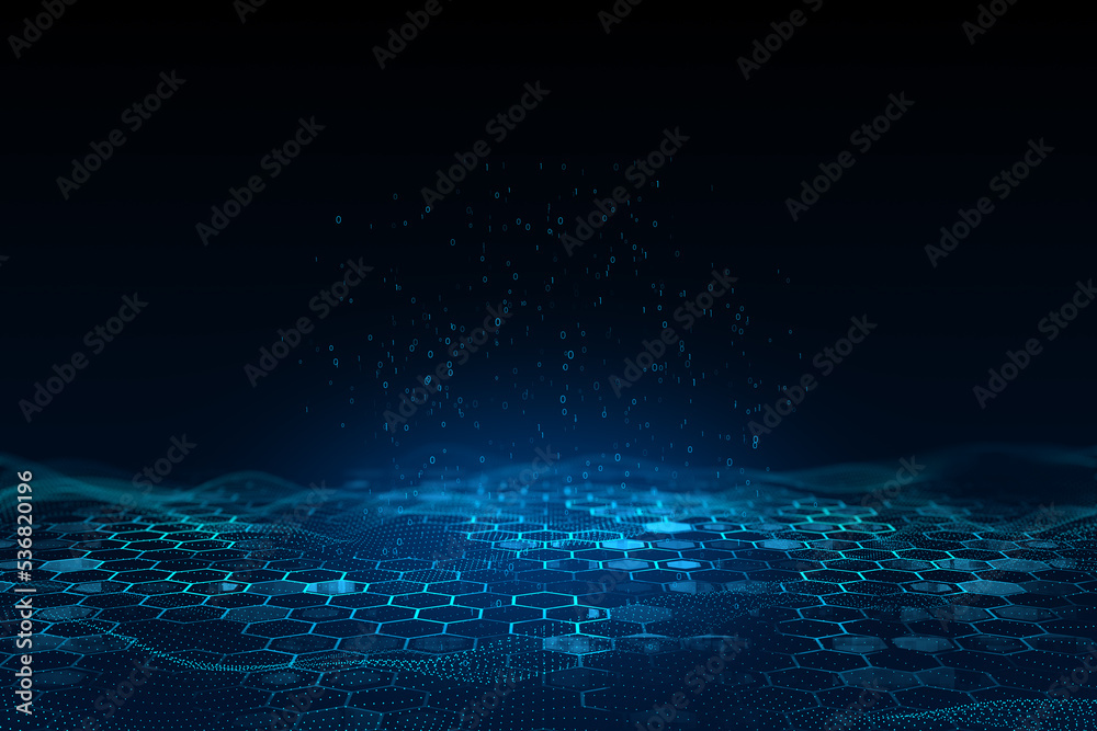 Leinwandbilder Creative blue hexagonal background with binary code. Technology, design and landing page concept. 3D Rendering.