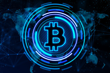 Creative glowing bitcoin hologram and map on dark background. Crytpocurrency, nft, metaverse and blockchain concept. 3D Rendering.