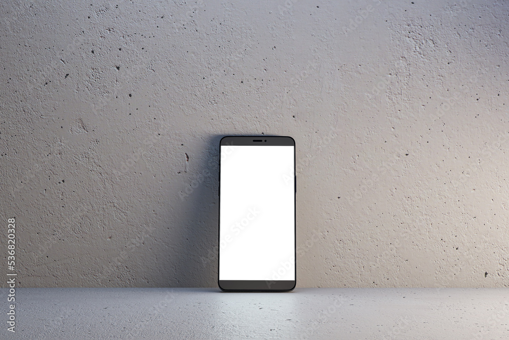 Leinwandbilder close up of empty white smartphone on light wall background. mobile app concept. 3d rendering.