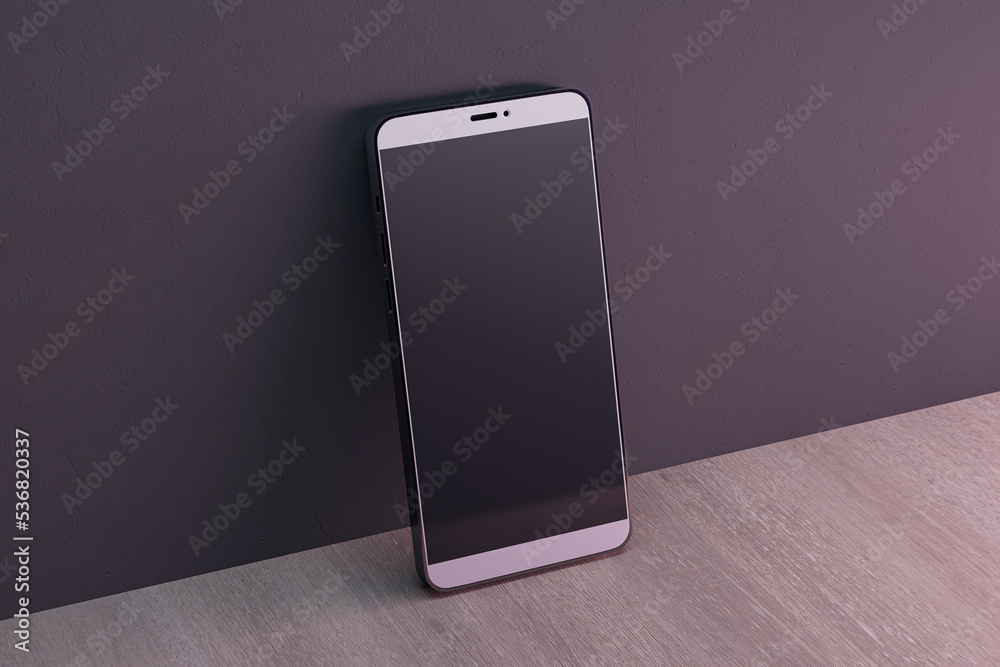 Poster Close up of empty black smart phone on dark wall and wooden surface background. Mobile app concept. 3D Rendering.