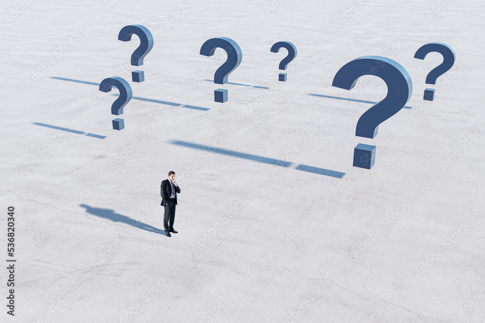 Poster Brain thinking concept with pensive businessman on empty concrete field and of blue question marks