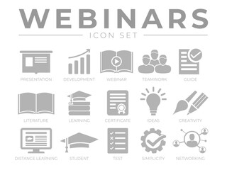Webinar Icon Set. Presentation, Development, Webinars, Networking, Teamwork, Guide, Literature, Learning, Certificate, Ideas, Creativity, Distance Learning, Student, Test, Simplicity Icons.