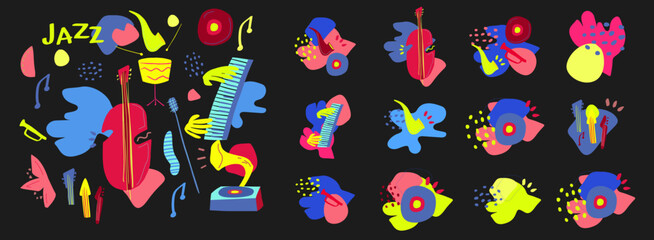 Vector set of illustrations of musical instruments and shapes, perfect for print, poster, social media, jazz events, vinyl store, etc.