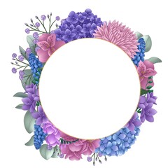 pastel romantic flower frame in pink, blue and purple color, alstroemeria, freesia, hydrangea, muscari, eucalyptus blooming spring garden isolated on white background