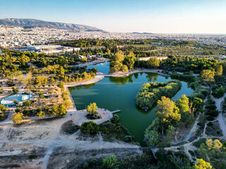 Fototapeta premium Aerial photo of the lake at the Tritsi Park in Agioi Anargiroi area of Athens, Greece