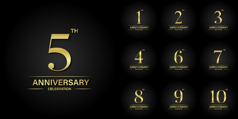 Set of 1st-10th anniversary celebration emblem with gold color and black background. Vector design for celebrations, invitation cards and greeting cards.	