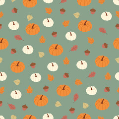 Seamless pattern with different colors pumpkins, leaves and acorn. Autumn background. Pattern for thanksgiving, halloween, gift wrapping or textile