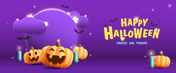 Purple banner for halloween holiday with orange merry pumpkins clouds glowing stars and text