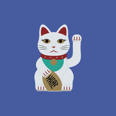 Lucky cat oriental traditional lucky charm, flat vector illustration isolated on purple background.