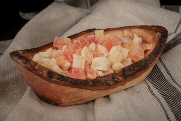 Dried papaya cubes,Heap of diced cubes of pineapple