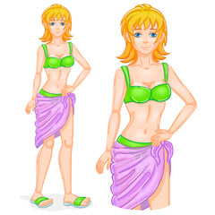 A girl in a green swimsuit and a purple scarf or transparent skirt. Slim figure. Blond red hair, short cut. Character in full growth. Woman on vacation or travel.