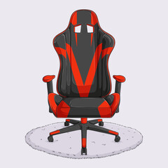 Hand drawn PC gaming seat or chair in black and red color isolated on white background