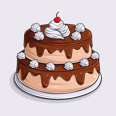 Hand drawn sweet caramel cake with chocolate cream and cherry on top isolated on white background