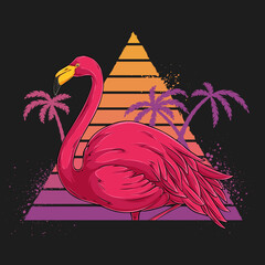 Hand drawn pink flamingo against vintage sunset background with palms
