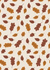 Hand Drawn Seamless Vector Pattern with Autumn Leaves. Cute Repeatable Design. Isolated Elements on Light Beige Background. Great for Textile, Fabric Prints, Wrapping Paper. 