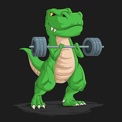 Hand drawn funny dinosaur T Rex lifting a big weight straight barbell doing biceps exercise