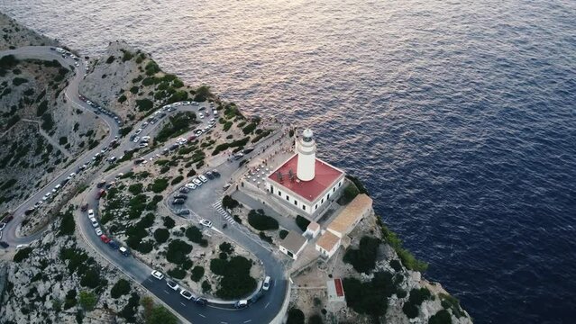 Far de Formentor. The lighthouse on the top. Majorca, Spain. Drone video.