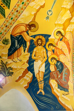 The baptism of Christ in the waters of the Jordan. Fresco