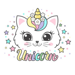 The muzzle of a unicorn cat with a rainbow mane and a wreath of flowers. Unicorn slogan. For children's design of t-shirt prints, posters, cards, stickers and so on. Vector © Zerlina