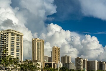 Scenic shot of buildings in descending order on a sunny day with green trees in front of them