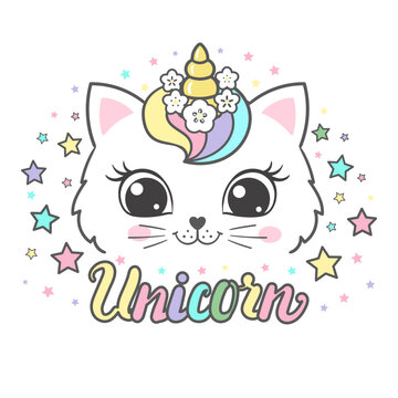 The muzzle of a unicorn cat with a rainbow mane and a wreath of flowers. Unicorn slogan. For children's design of t-shirt prints, posters, cards, stickers and so on. Vector