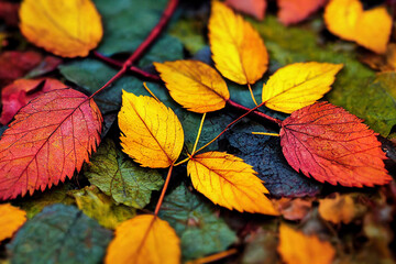  Autumn Texture Closeup of  Fall Leaves, Beautiful Group of  Organic Colorful Bold natural scene on the ground, Nature Photo, lo fi and soft focus , Short Depth of Field © kalanustudios.com