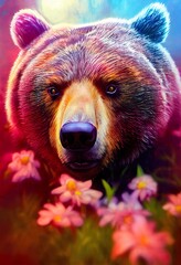 Photorealistic brown bear close-up portrait with pink flowers on foreground. AI generated, is not based on any real image or character