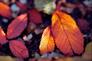 
Autumn Texture Closeup of
Fall Leaves, Beautiful Group of  Organic Colorful Bold natural scene on the ground, Nature Photo, lo fi and soft focus , Short Depth of Field - 536825944