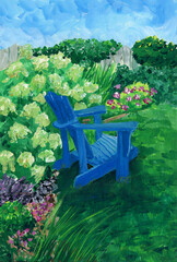 Gouache painting of an Adirondack chair in a backyard garden.