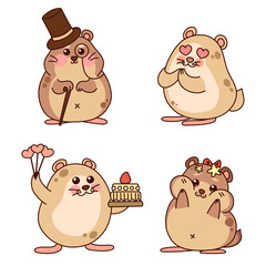 Cute hamsters set. Romance and love. Kawaii cartoon characters. Vector illustration isolated on white background.