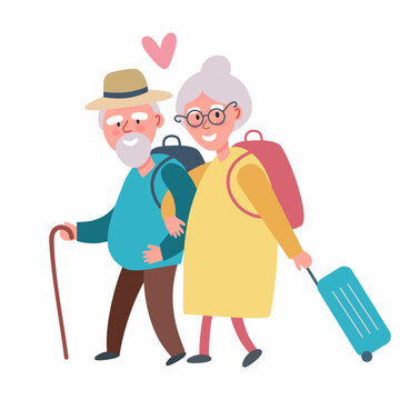 Happy pensioners travel the world with backpacks and a suitcase.