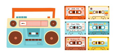 Set of boombox and cassette tapes in colorful retro style. Vector illustration of vintage music player and nostalgia mixtapes. Isolated elements on white background.