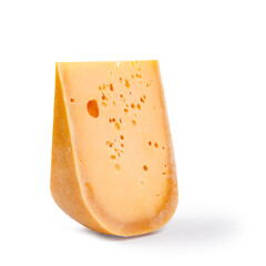 A piece of emmental cheese isolated on a white background with a shadow