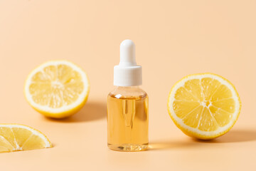 Cosmetic oil, vitamin C serum in bottle with pipette. Organic skincare cosmetics, herbal cosmetics...