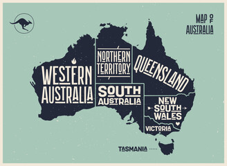 Map Australia. Poster map of Australia. Print of Australia, administrative map with states, regions. Hand-drawn graphic map with states for t-shirt, flag. Vector Illustration