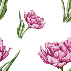 set of pink flowers. Seamless pattern with the image of a pink tulip. Print for textiles, wallpaper, postcards, posters. Print for accessories, clothes, banners. Background with bright flowers.