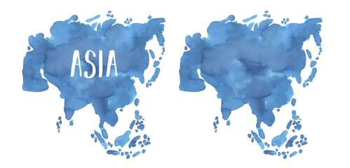 Watercolour illustration set of Asia Continent Map in two variation: blue blank template and with text lettering. Hand drawn water color drawing on white backdrop, cut out clip art element for design. - obrazy, fototapety, plakaty