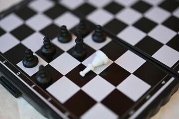 chess pieces on the board. the concept of many pawns defeat the king