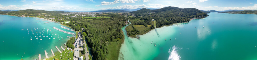 Klagenfurt Lake in summer season from drone, Austria