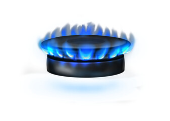 Gas burner with blue flame. Side view glowing fire ring on kitchen stove. PNG realistic mockup of burning propane-butane in oven for cooking isolated on transparent background