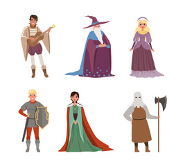 Fototapeta na wymiar Medieval People Characters with Bard, Wizard, Queen and Executioner in Mask Vector Illustration Set