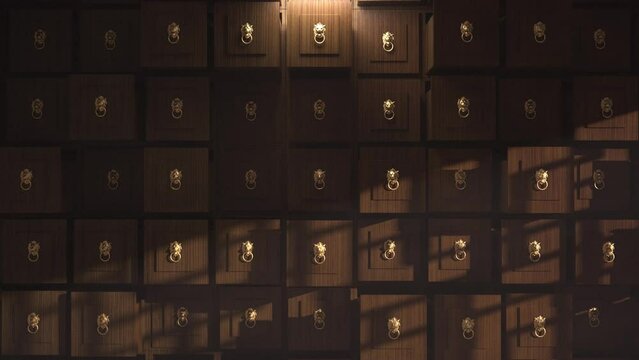 wood drawers in chinese medicine store 3d rendered