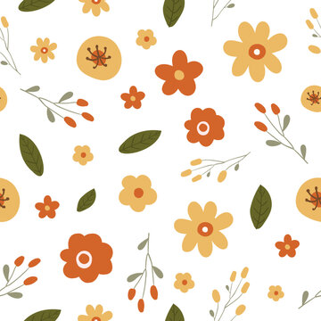 floral autumn seamless pattern, Autumn endless background with flowers and leaves, cozy digital paper, Vector illustration clipart in flat cartoon style.
