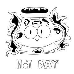 funny frog with hot dog on the head, line art vector illustration, birthday party style 