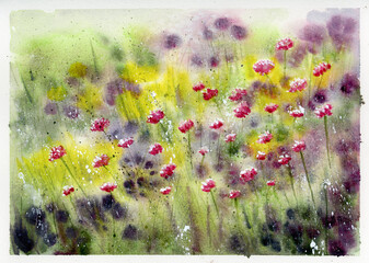 Watercolor painting on rough paper of a field of wildflowers or flowers growing in a summer garden. - 536830975