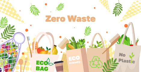 eco friendly natural bags with organic fruits and vegetables sustainable lifestyle package free food shopping concept