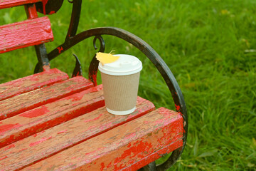 Disposable recycle Paper To Go Coffee tea Cup for Hot Cold Drink beverage on red bench with fallen autumn leaf on green grass background. Coffee break concept. Eco-friendly. Fall concept. Outside