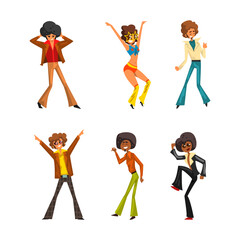 People Character Disco Dancing in Retro Style Clothing at Party Vector Set