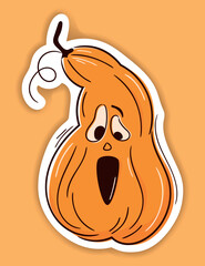 Halloween vector sticker. One line hand drawn Halloween emoticon pumpkin. Jack o Lantern. Funny face isolated on white, cute pumpkins. Doodle for logo, poster, emblem