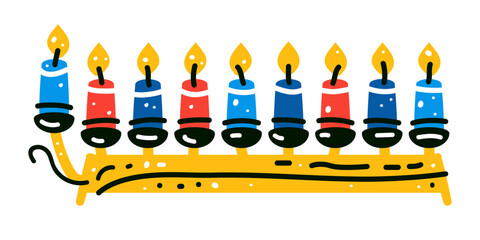 Hanukkah menorah candelabrum with nine lit candles flat vector. Hanukka menorah isolated on white